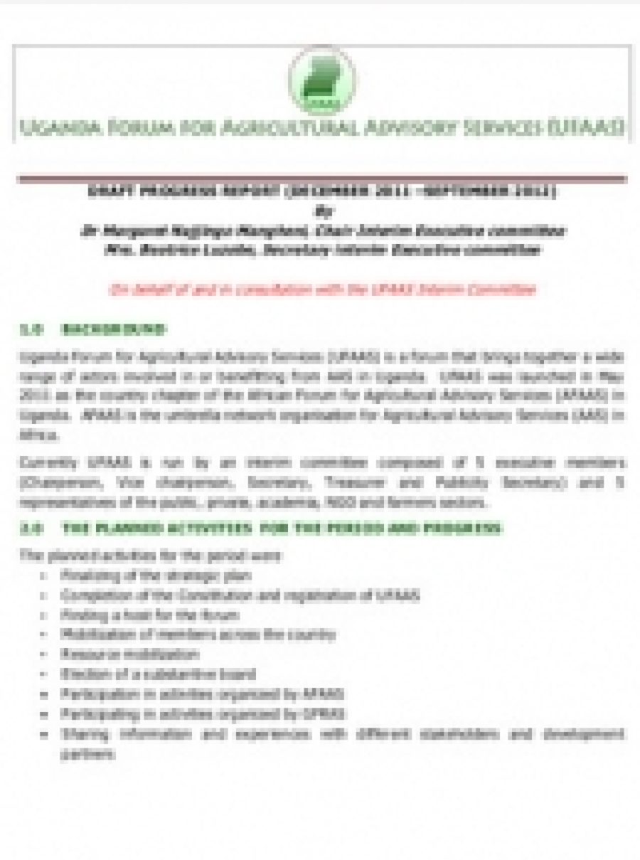 Uganda Forum for Agricultural Advisory Services (UFAAS) progress report: December 2011 - September 2012